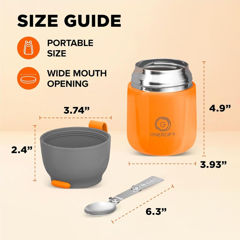 ENERGIFY Vacuum Insulated Food Jar. Large 17oz Bowl incl. Folding Spoon, Cup. Wide Mouth Keep Hot & Cold Drinks Soup Lunch Container for Adults. BPA-Free Stainless Steel, Leak Proof Orange - Image 4